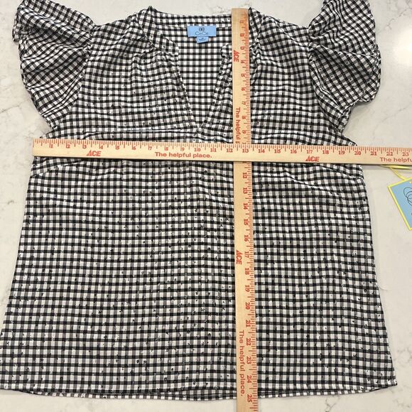 CeCe NEW Black White Gingham Flutter Short Sleeve V Neck Top Size Medium - Picture 10 of 14